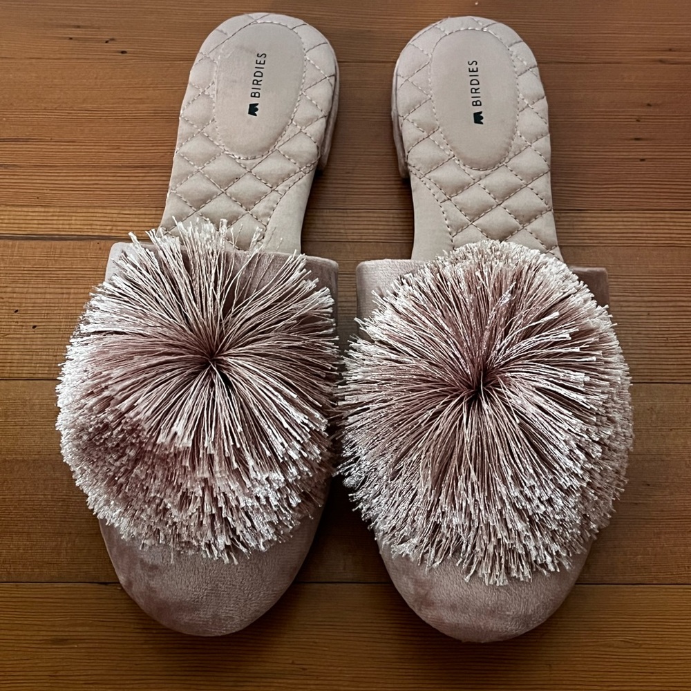 Birdies Songbird Mules Womens 11 Blush Velvet Pom Pom Tassels